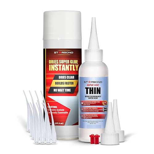 Starbond Paquete de pegamento CA fino súper rápido (4 onzas) y acelerador de aerosol (6 onzas), pegamento CA fino con paquete activador (para