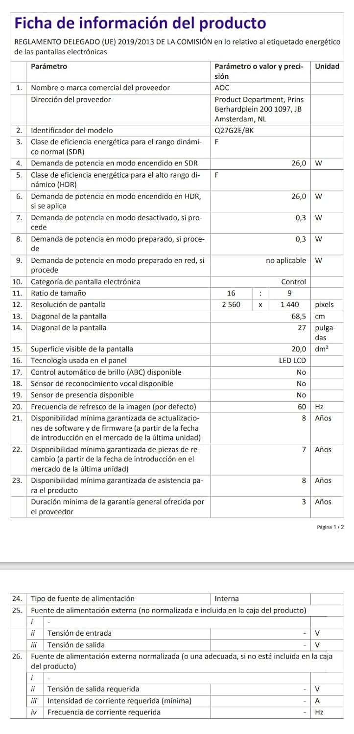 AOC Gaming Q27G2E/BK Monitor QHD de 27", 155 Hz, 1 ms MPRT, FreeSync