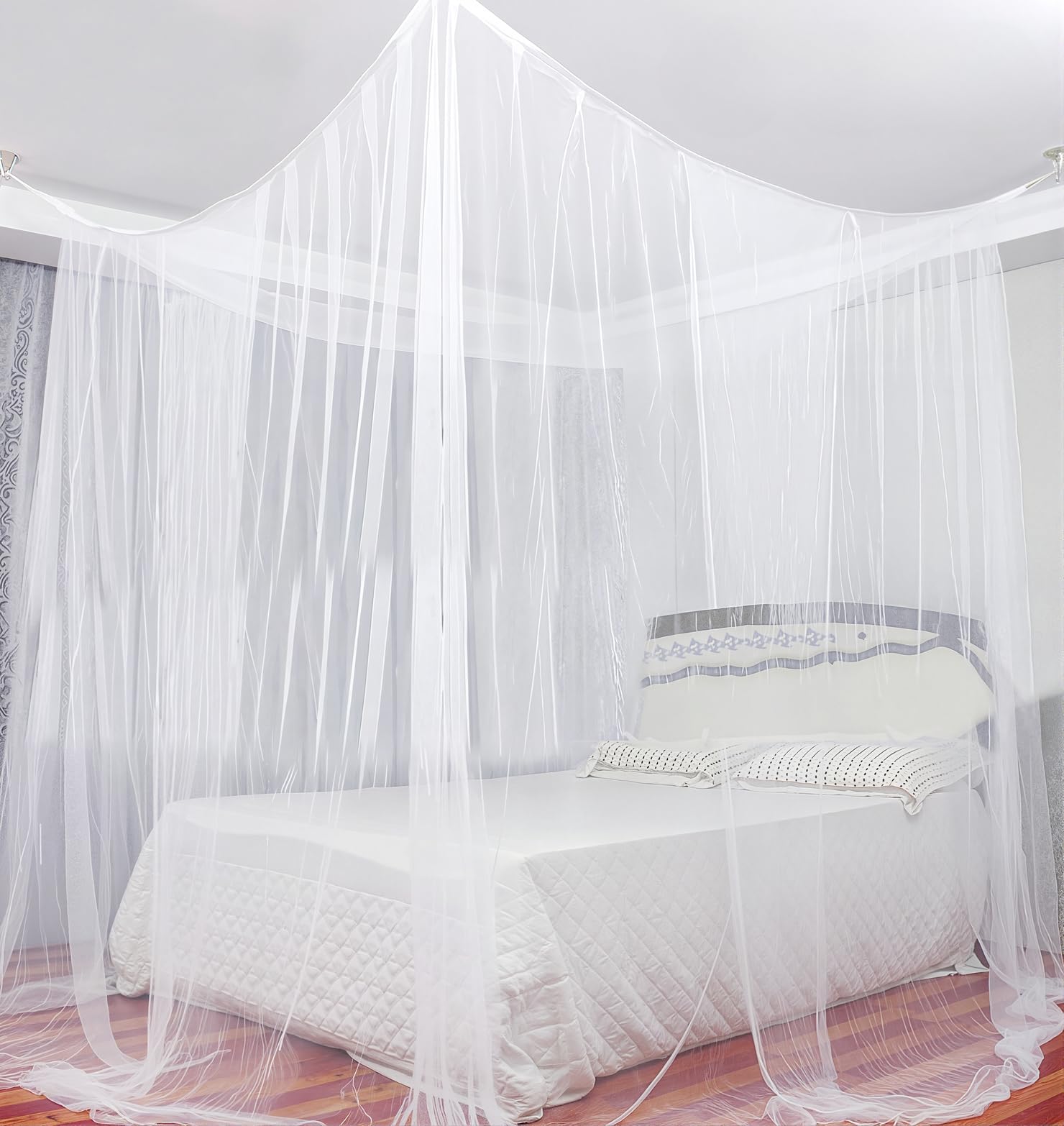 LEMESO Moustiquaire Lit Double 2 Places 220x200x200 cm, Gran Moustiquaire Anti-Moustique avec Kit d'Installation Complet Crochets, Vis, Cordon