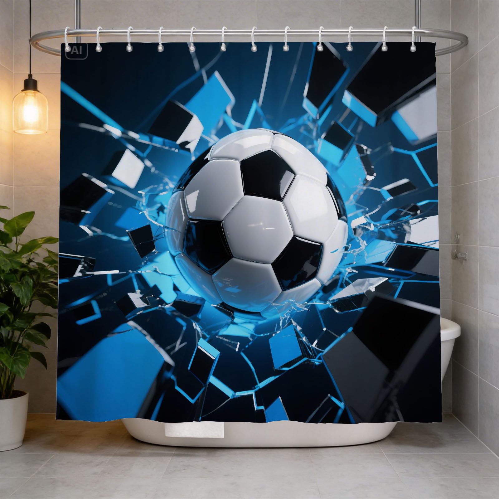 Hongduo 3D Soccer Ball Shower Curtain for Stalls Bathtubs Physical Education Bathroom Decor Shower Curtain Set Polyester Fabric Waterproof 120x180cm/48X71 Inch with Hooks