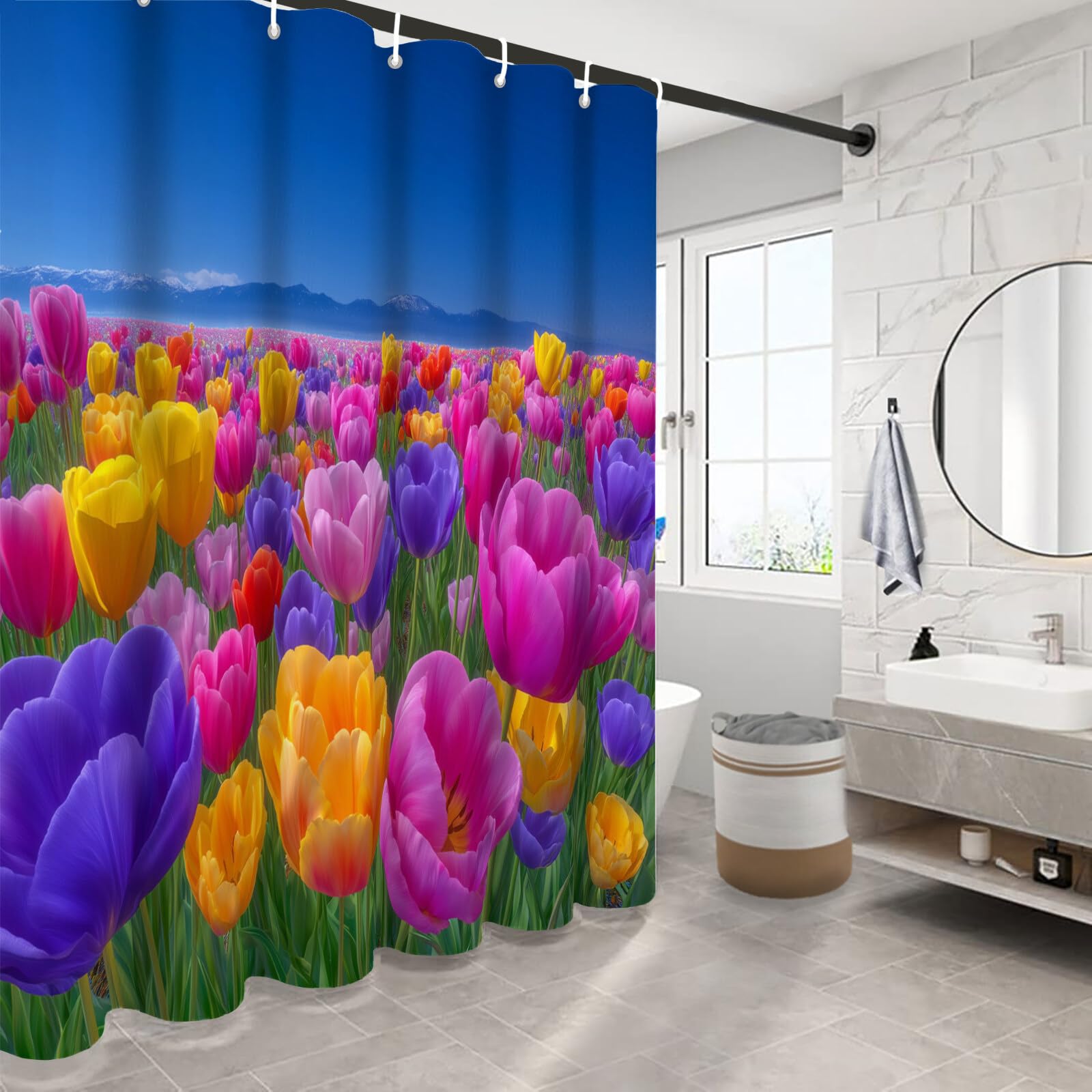 Rideau Douche,Rideau Baignoire Lavable en Machine Rideaux Douche Tissus Lavable Rideau De Baignoire Lavable pour Salle De Bain Domicile Baignoire Famille,Champs De Tulipes,200L X 240H Cm