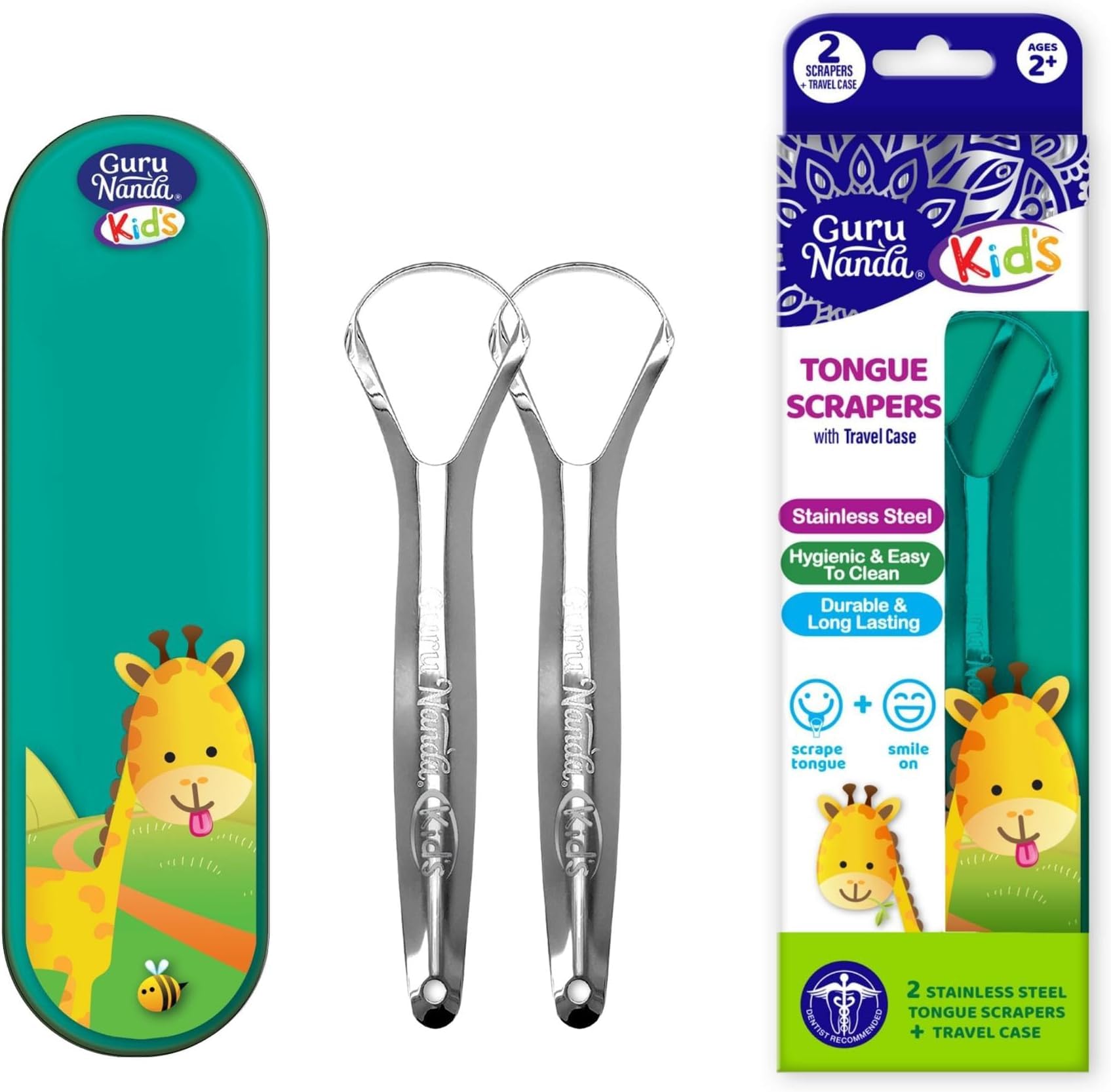 GuruNanda Kids Tongue Scraper (12-Pack) with Travel Case, Stainless Steel, Aids in Fresh Breath - Travel-Friendly Tongue Cleaner (Green/Pink/Orange)