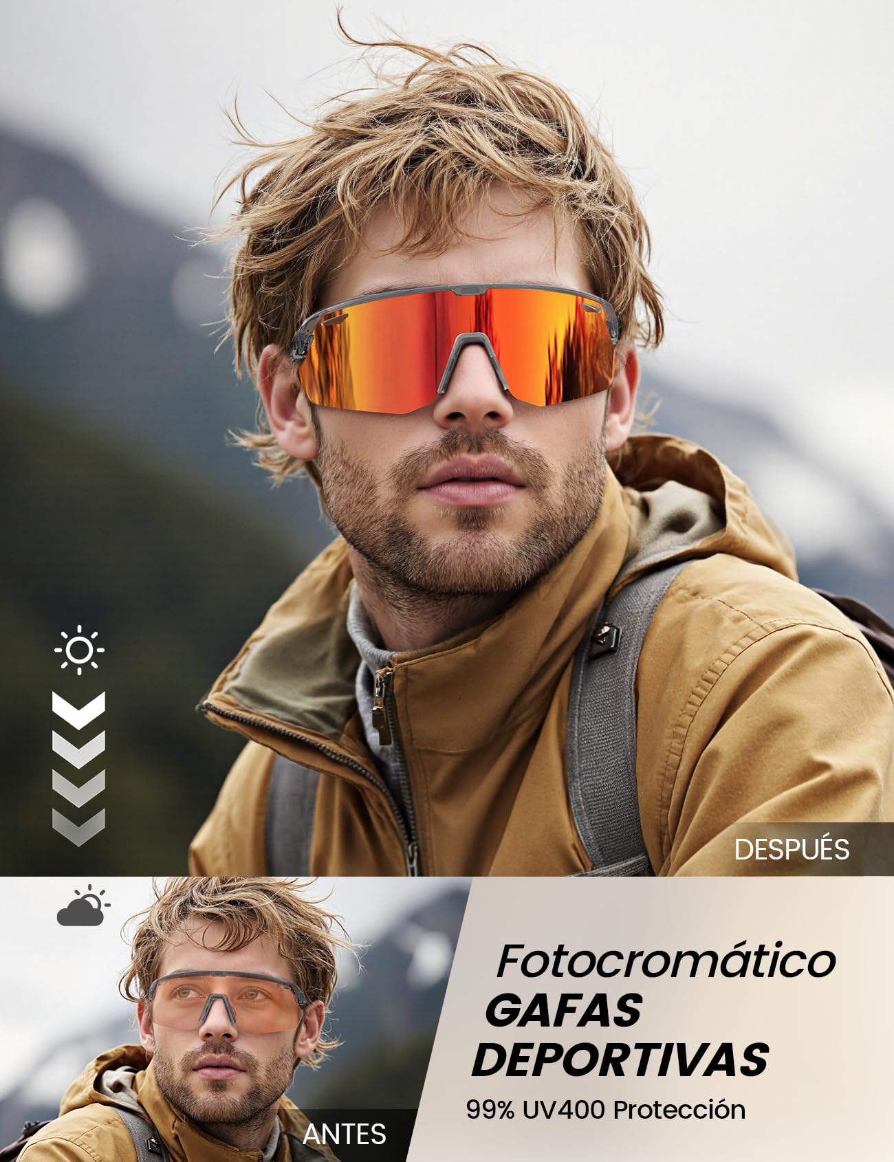 Lamicall Fotocromáticas Gafas Sol Ciclismo Hombre, Gafas de Sol Deportivas | 3S Fotocromática, 28g Ultraligero-TR90, UV400 Protección, Almohadilla Nasal Ajustable, Gafas para Pesca/Running/Senderismo