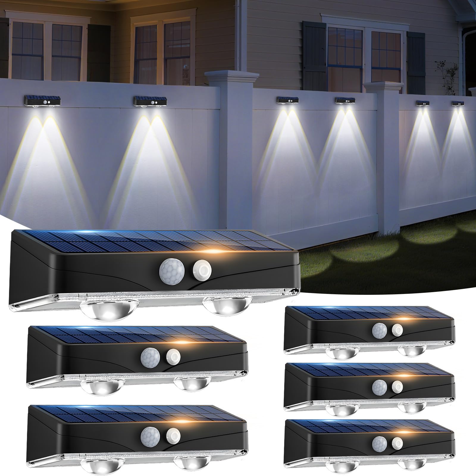 kolpop Solarlampen für Außen Wand mit Bewegungsmelder, 3 Modi, Solar Wandleuchten, IP65 Wasserdicht, 6000K LED Solarleuchten für Garten Zaun beleuchtung Balkon Terrassen Veranda, 6 Stück