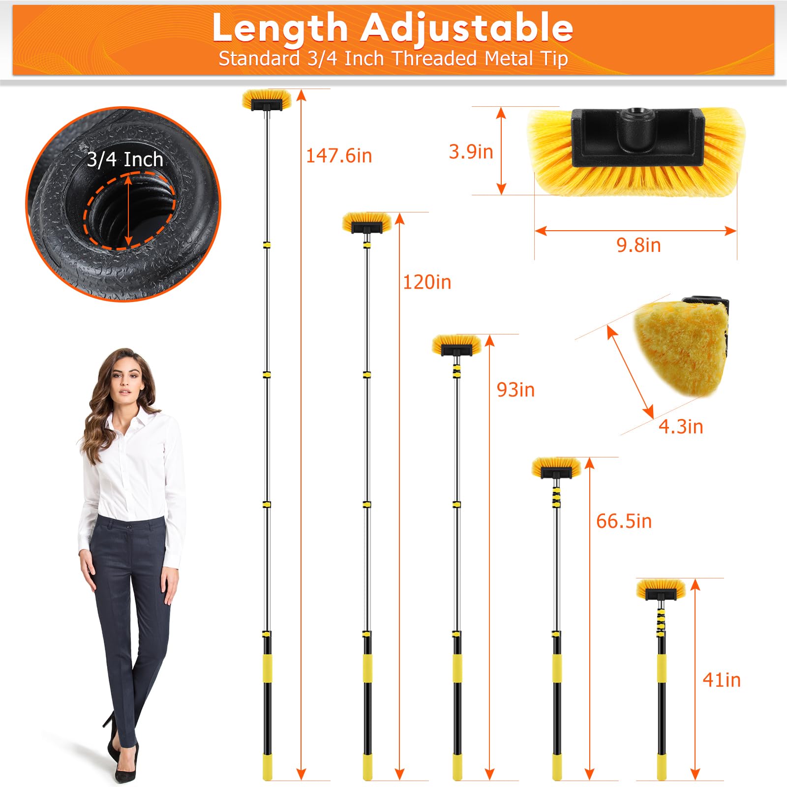 Cepillo de lavado de coche de 12 pies, cepillo de lavado de coche resistente con mango largo, poste de extensión multiusos de 3 a 12 pies con cepillo de cerdas ultra suaves de 10 pulgadas para