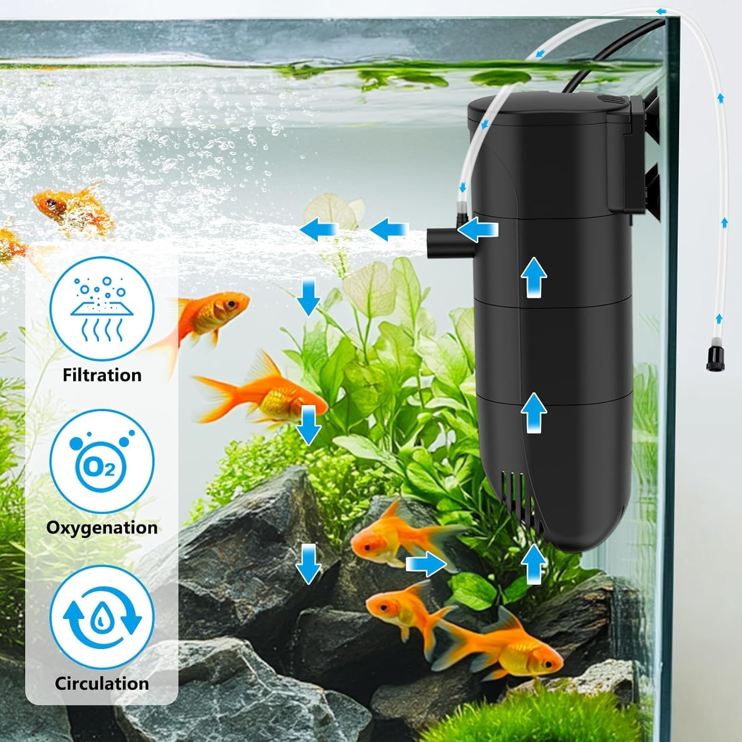 fishkeeper Filtre d'aquarium pour aquarium de 80 à 115 litres, filtre submersible en 4 étapes avec débit d'air réglable, filtration d'oxygénation et circulation (13 W 186 GPH)