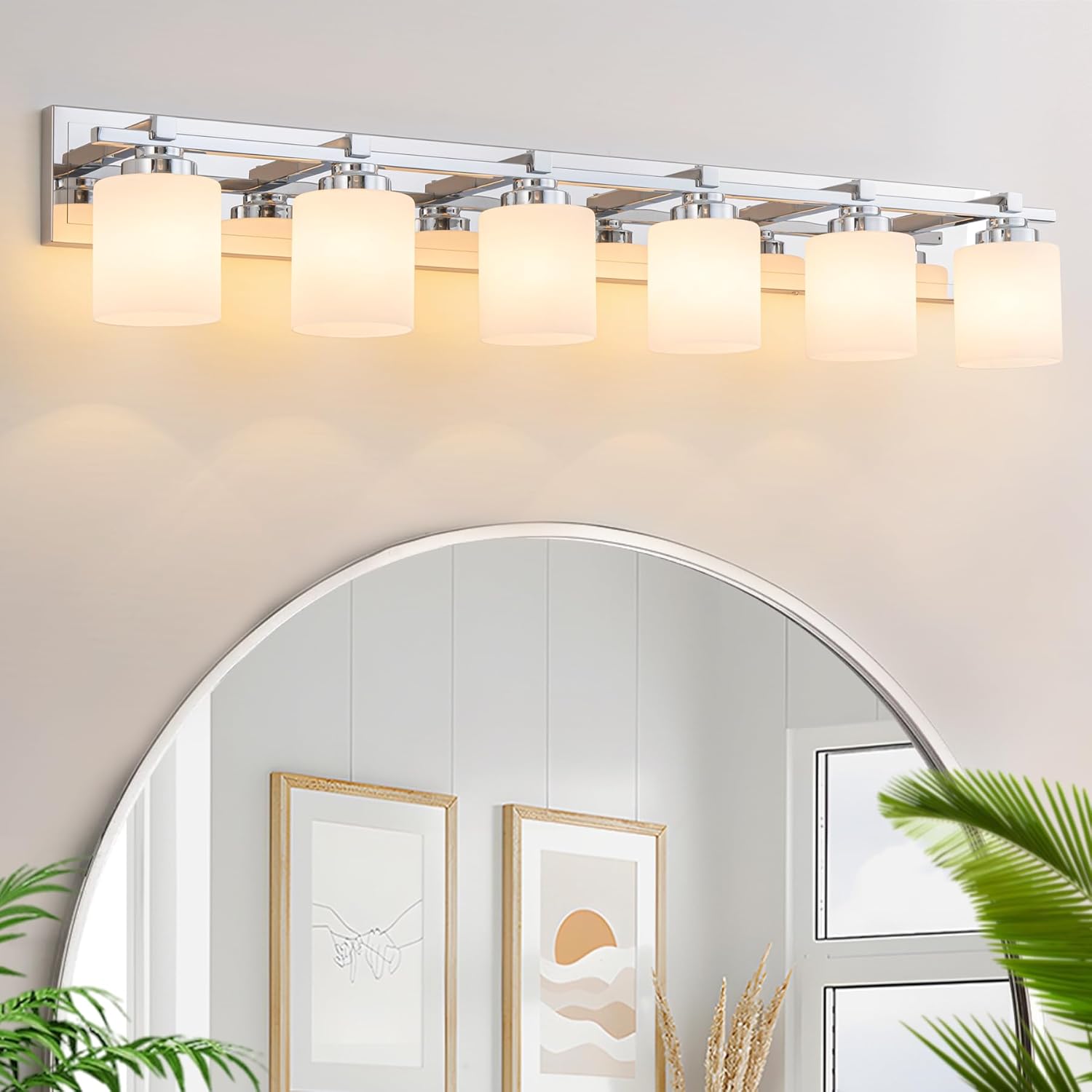 6 Light Modern Bathroom Light Fixtures Over Mirror, Chrome Vanity Lights for Bathroom Wall Sconces with Milky White Glass Shades, E26 Socket (Bulbs Not Included) Chrome 6-Lights
