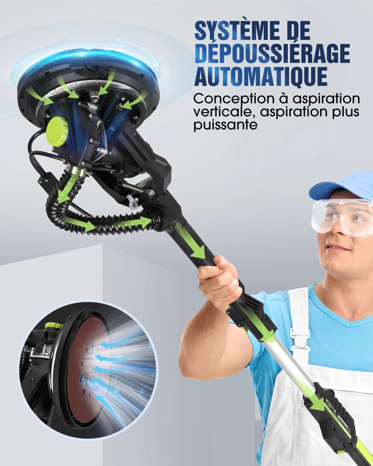 MYTOL Ponceuse Girafe Aspirante, 900W Électrique Girafe Ponceuse avec Aspirateur Poignée Pliable Extensible, 6 Vitesses, Vitesse Maximale 1800U/min, Éclairage LED, 12 Papiers Abrasifs