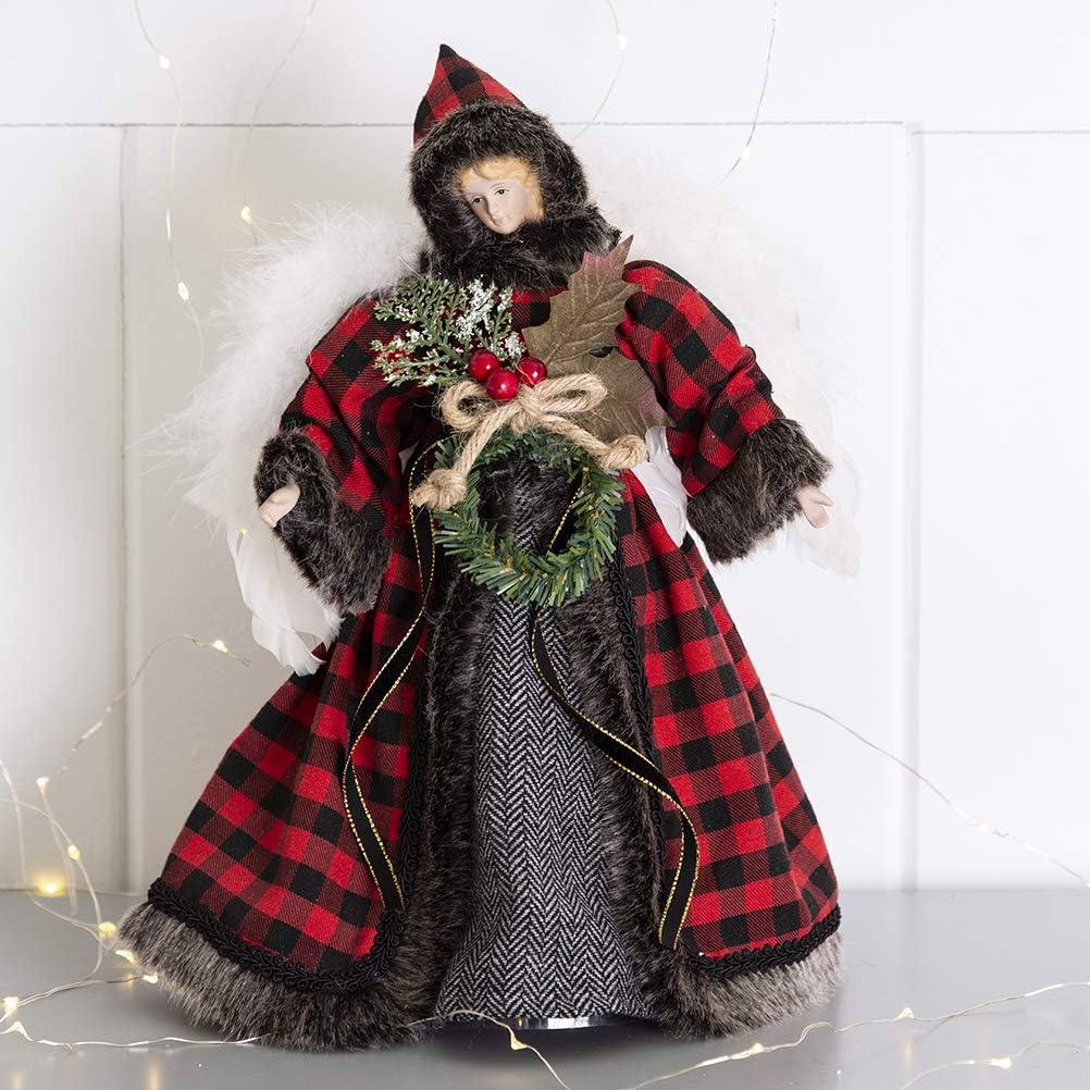 Plaid Angel Christmas Tree Topper with Fur Detailing