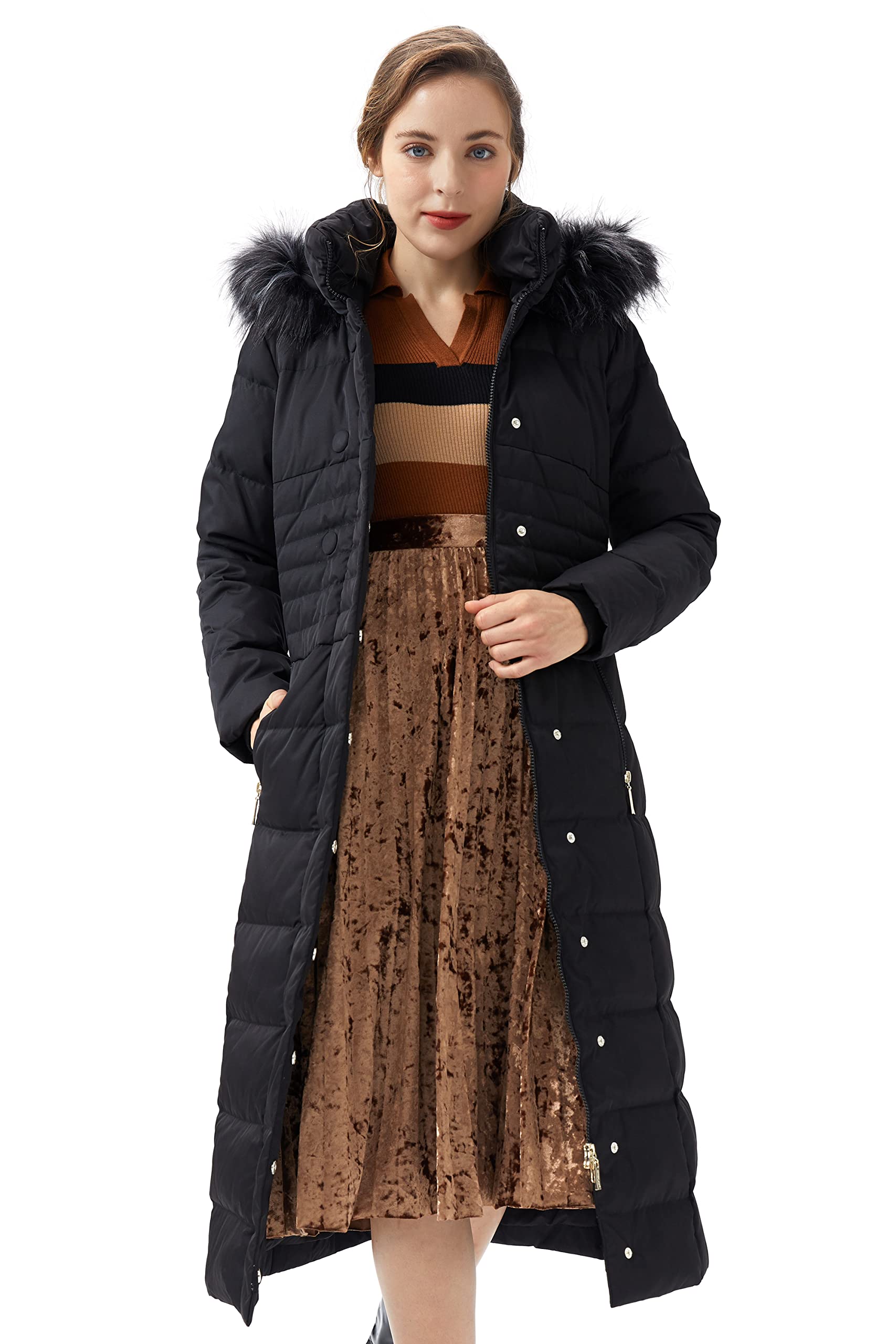 Women Warm Down Jacket with Hood Fur Long Puffer Coat Brown