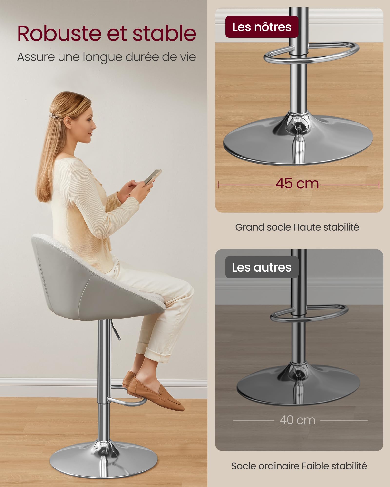 VASAGLE Tabouret de Bar, Lot de 2, Chaise de Cuisine, Réglable en Hauteur, Pivotant à 360°, avec Dossier, Socle, Repose-Pieds, Acier, pour Comptoir, Bar, Salle à Manger, Blanc Crème LJB110W01