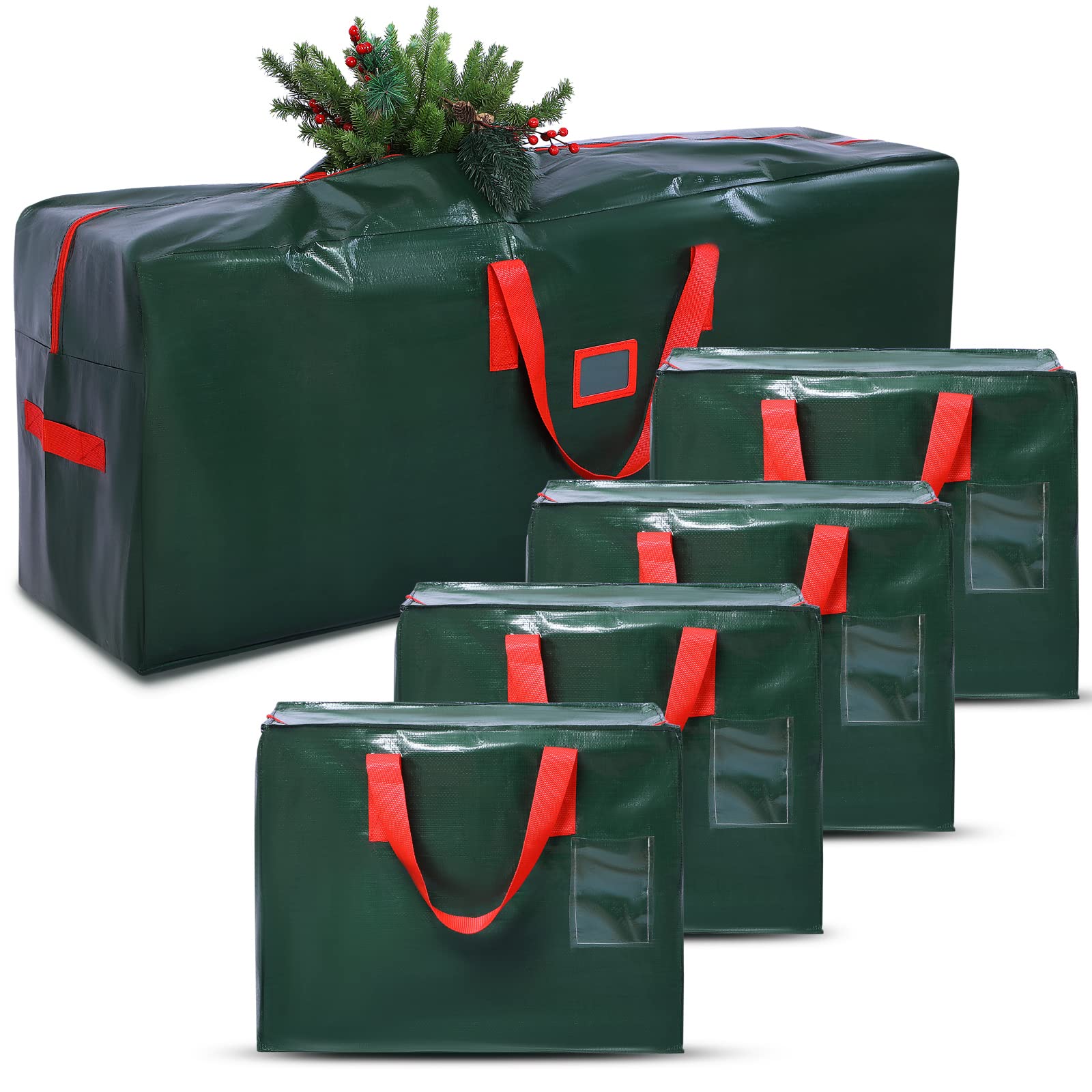 Lot de 5 sacs de rangement pour sapin de Noël artificiel démonté avec poignées renforcées, conteneur étanche pour sapin de Noël (vert, 2,7 m)