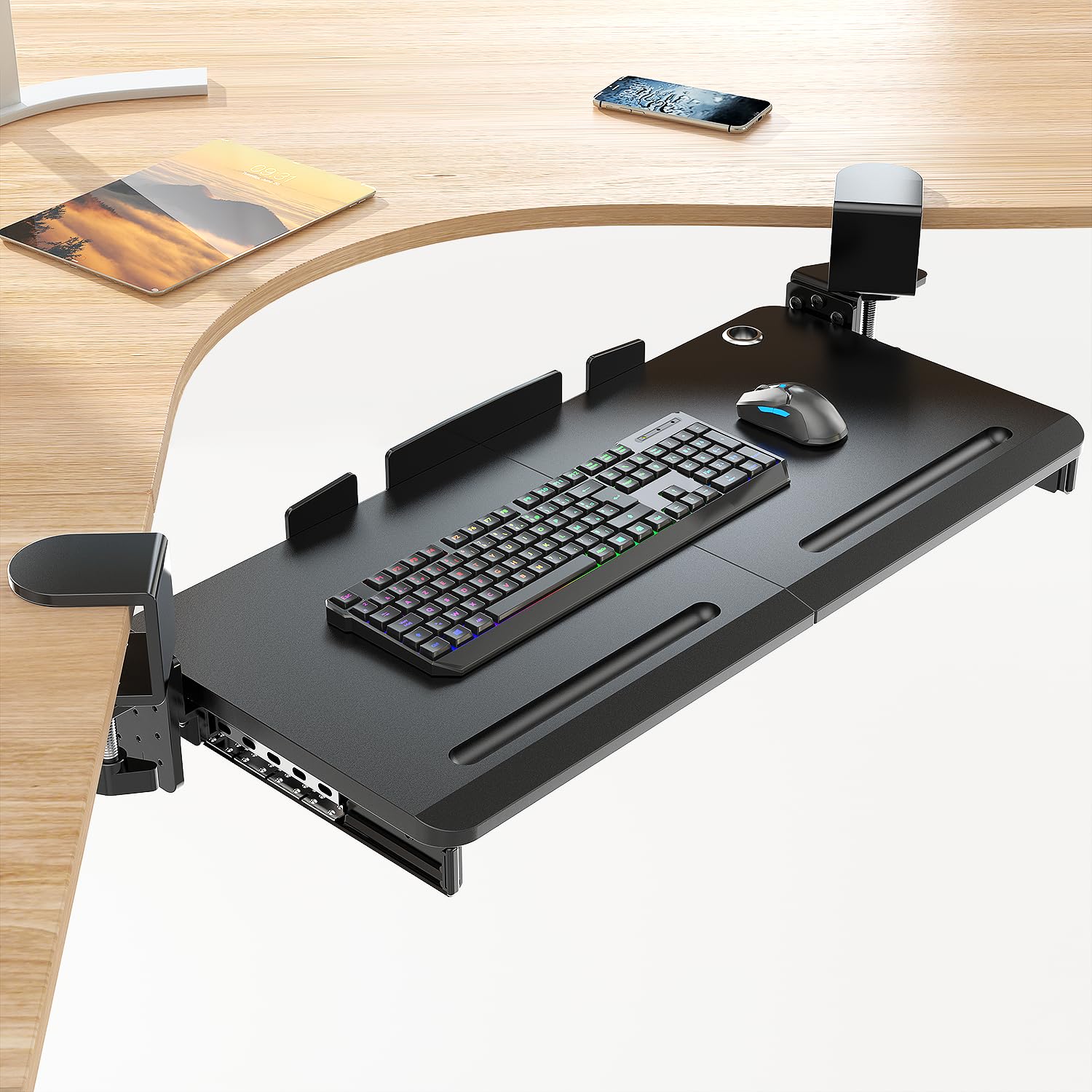 Supcline Keyboard Tray Under Desk with 60° Swivel C-Clamp & Height Adjustment for Corner Desk, 25.6 x 11.8 in Slide Out Keyboard Mouse Platform for l-Shaped & L-Shaped Table, Pull Out Keyboard Drawer