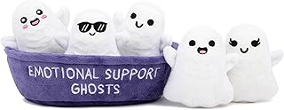 Emotional Support Ghosts by Relatable, Cuddly Plush Collectibles and Cute Stuffed Animals, Spooky Halloween Ghost Plushies and Fun Trick or Treat Toys, Includes 5 Plushies with Carrying Basket