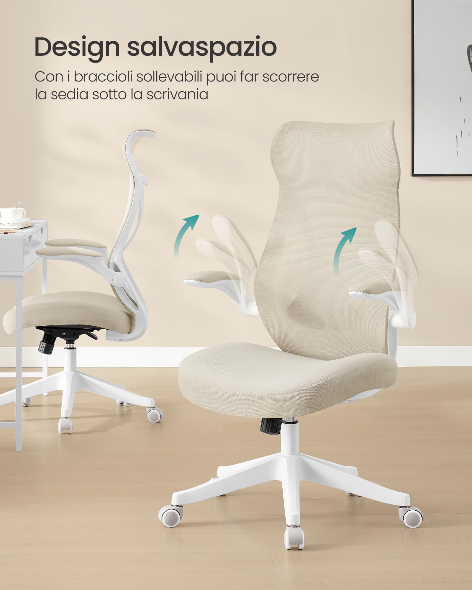 SONGMICS Sedia da Ufficio, Sedia da Scrivania Girevole, Schienale Ergonomico, Altezza Regolabile, Braccioli Ribaltabili, con Poggiatesta, Portata 150 kg, Beige Cappuccino OBN088K01