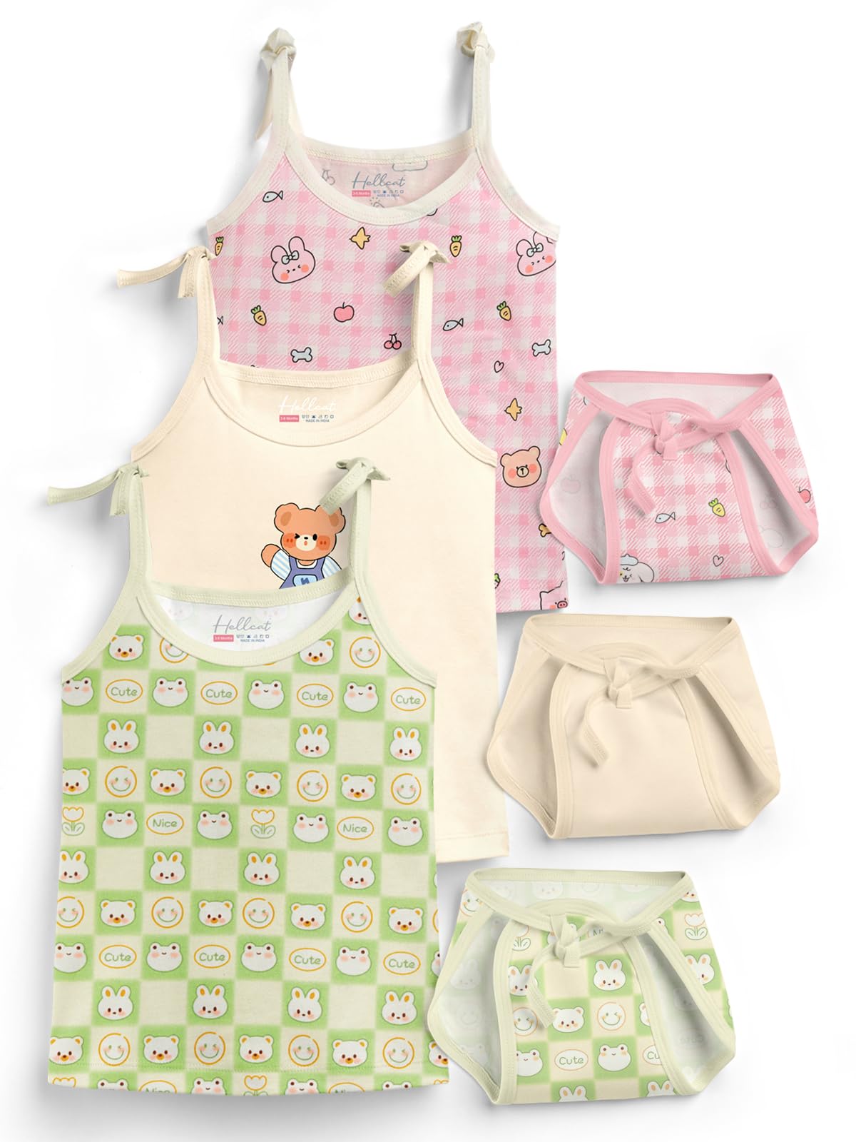 HELLCAT 100% Cotton Strap Open Jhabla T Shirt and Nappy Matching Co-ords Set for Babies - Pack of 3 | Jabla and Langot Set for Babies (Unisex)