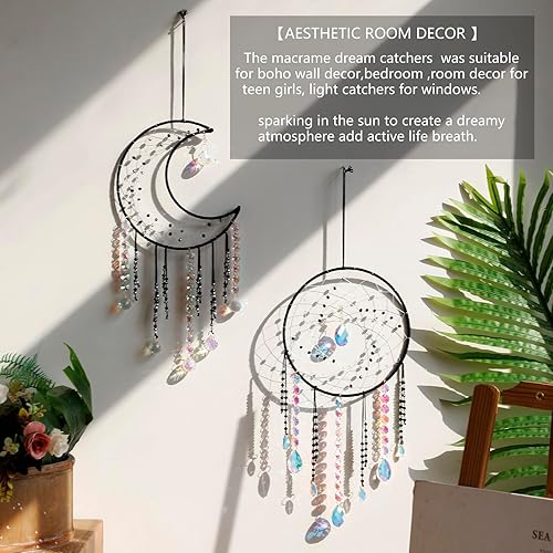Miniatura 2 de Artilady Atrapasueños de macramé  Atrapasueños de luna grande con atrapasoles de cristal, macramé bohemio para colgar en la pared, atrapasueños de