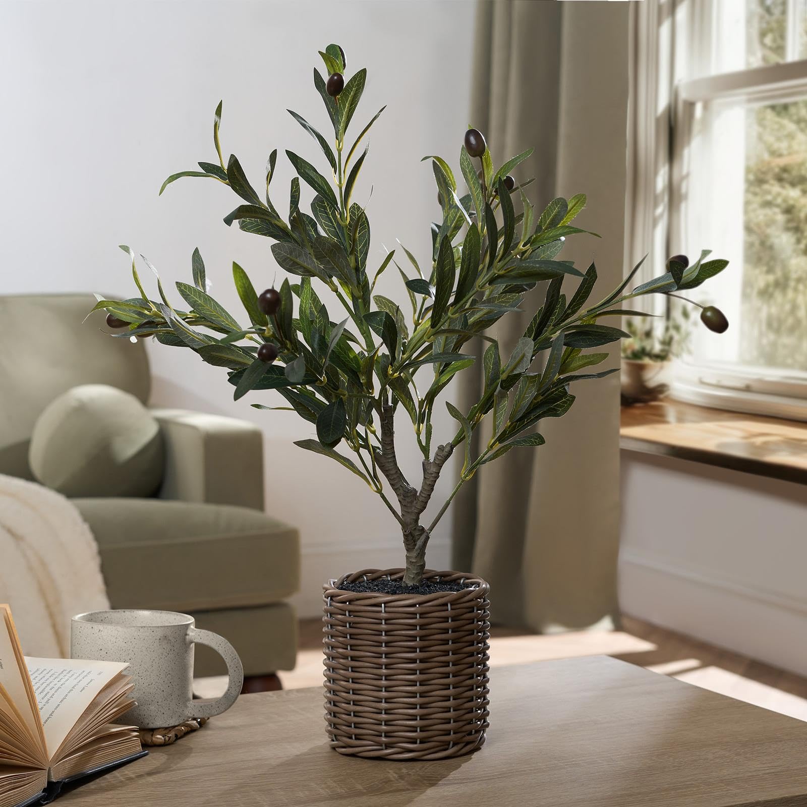 OHS Artificial Olive Tree with Lifelike Leaves, Small Fake Plants Tree in Basket Outdoor Indoor Artificial Plants Decorative Realistic Plant for Home Office Garden, Green - 100cm