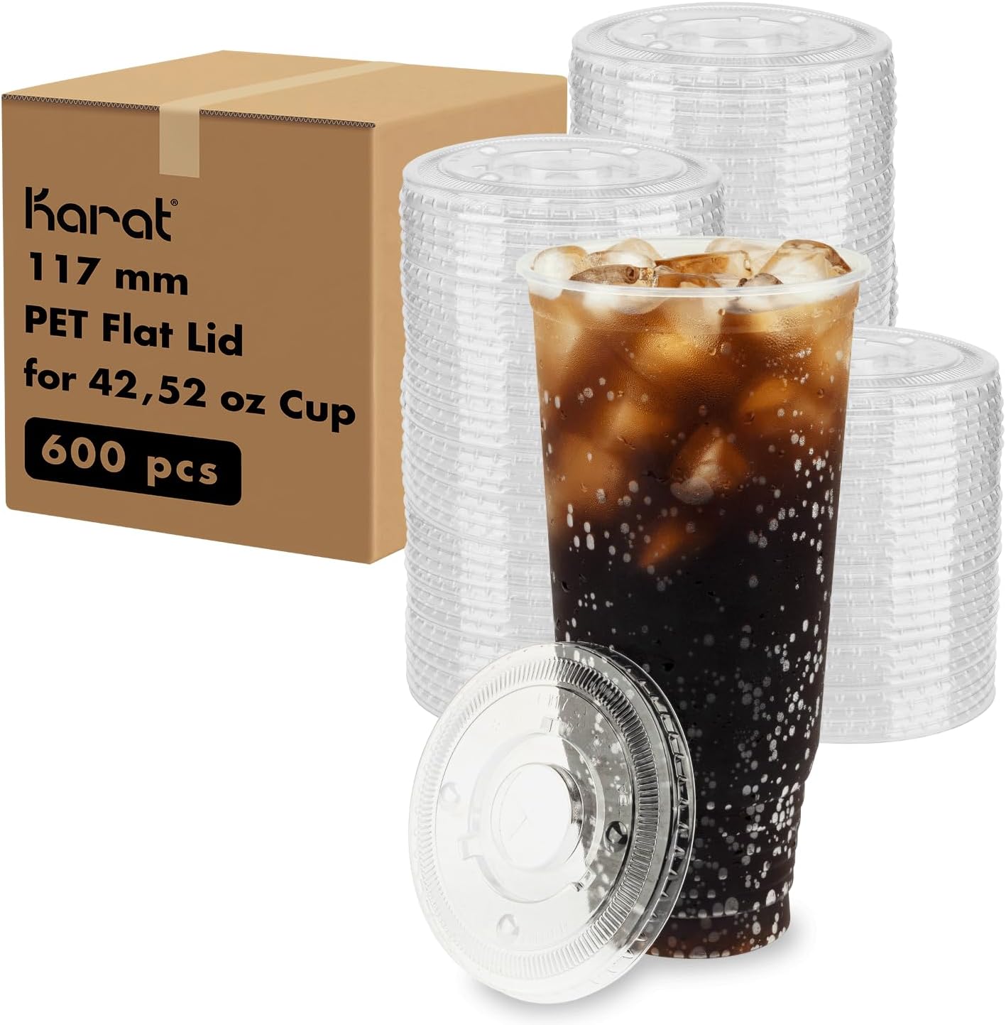 Karat C-KCL117 PET Flat Lid, Fits 42-52 oz 117mm Diameter PP/Paper Cold Cup (Pack of 600)