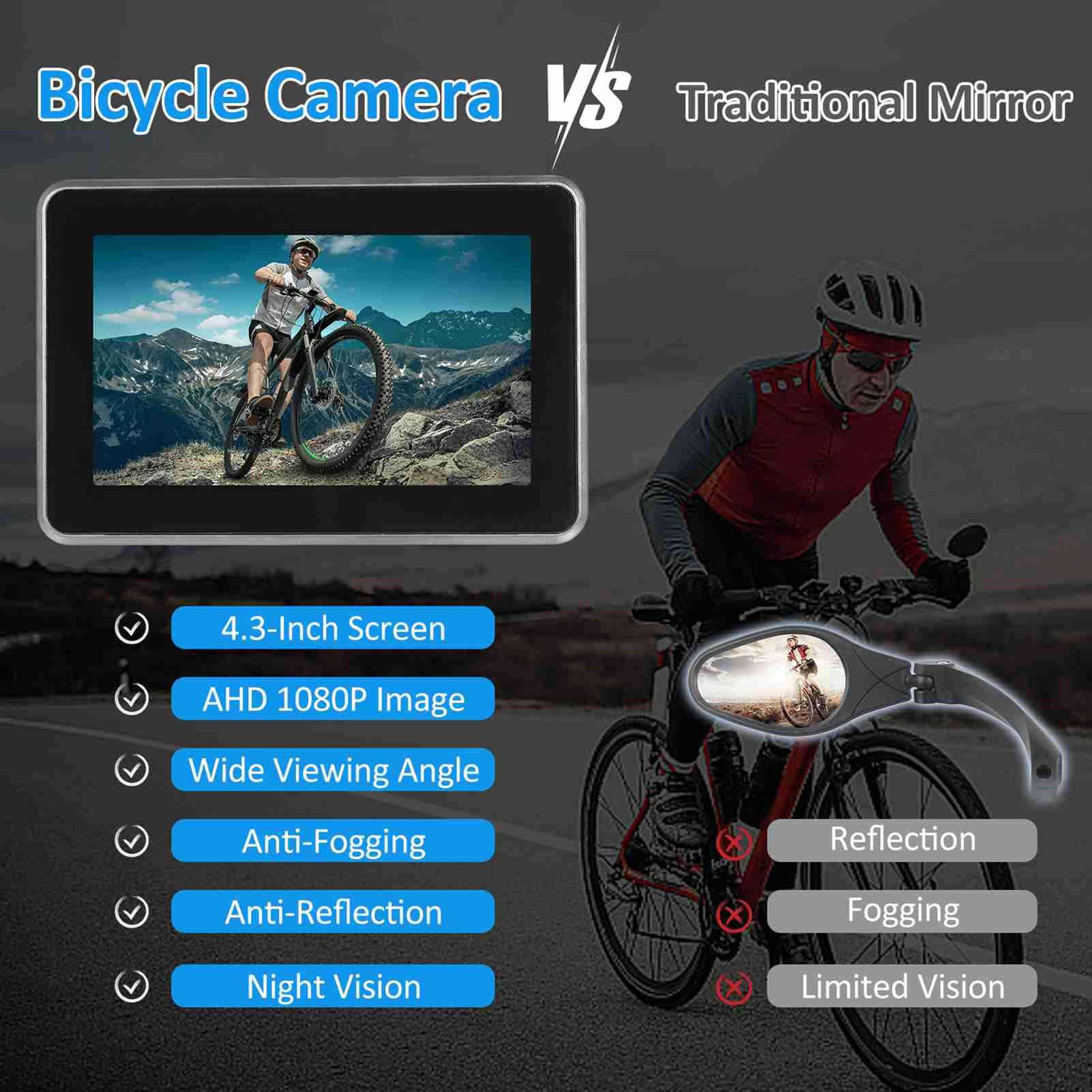 Shkalacar Caméra de recul pour vélo 1080P Écran HD 4,3 Pouces pour VTT