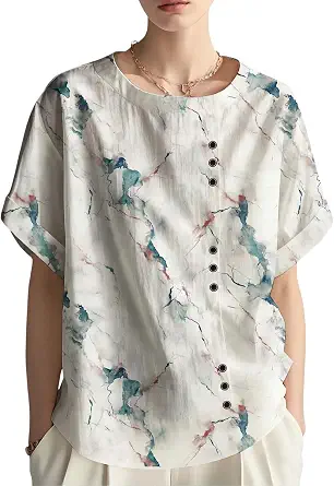 Women's Cotton Linen Floral Print T-Shirt Casual Loose Crewneck Tees Button Down Shirt Tops for Women