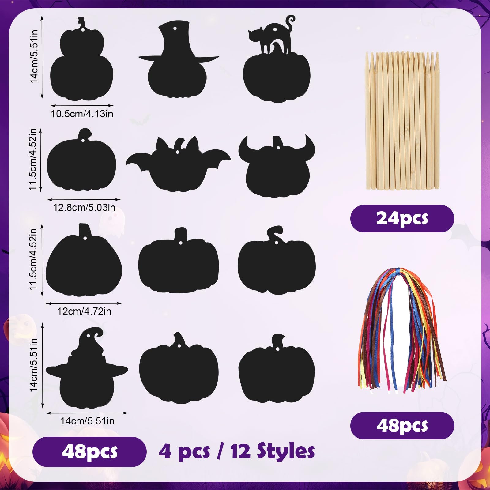 Halloween obrazki do zdrapywania dla dzieci, 48 sztuk, papier do zdrapywania, zestaw do majsterkowania, tęczowy papier z 48 taśmami i 24 pisakami do zdrapywania, zestaw do majsterkowania dla dzieci