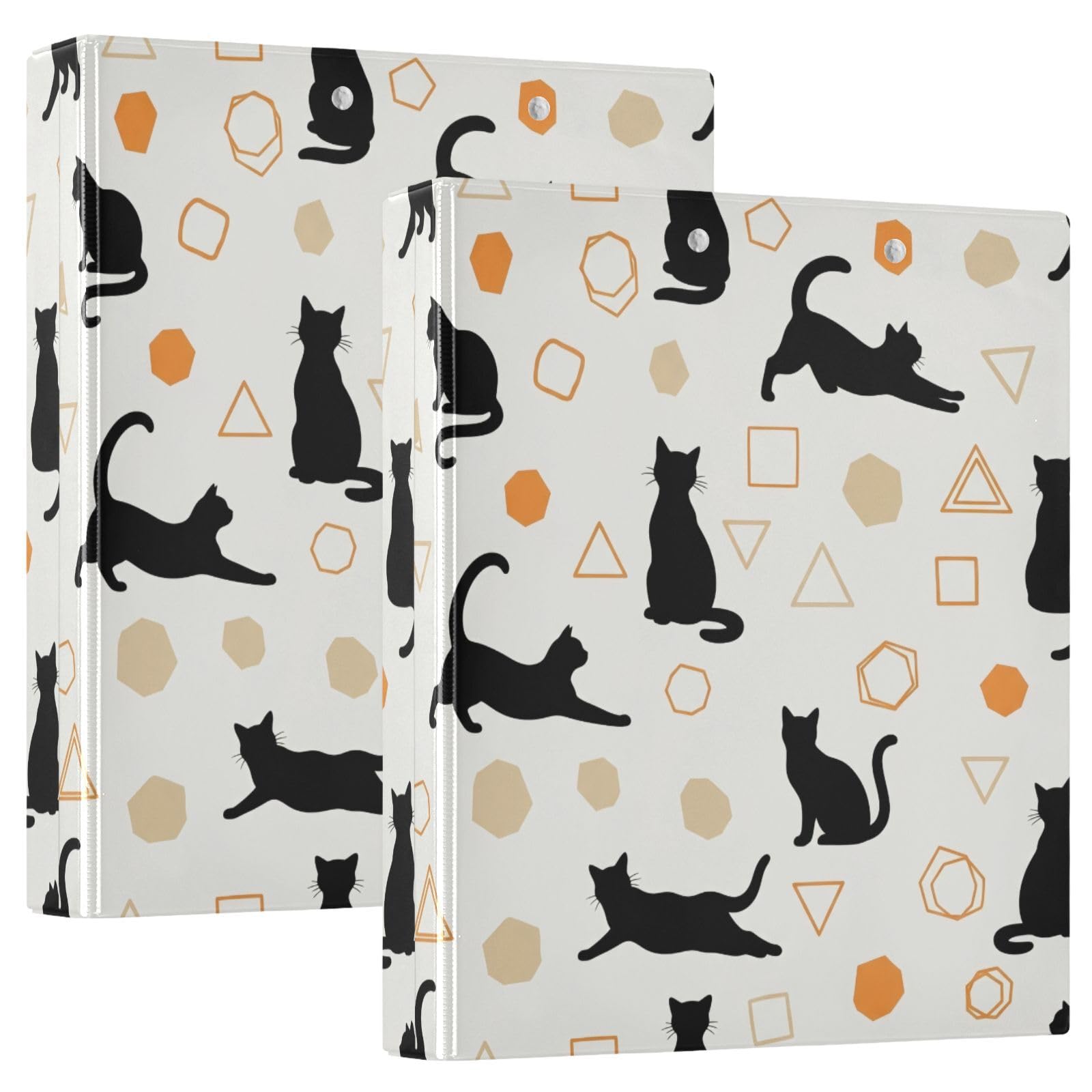 Carpeta de 3 anillos de gato negro beige, carpeta de anillos en D, paquete de 2 | Con portapapeles y bolsillos, para escuela, universidad, oficina