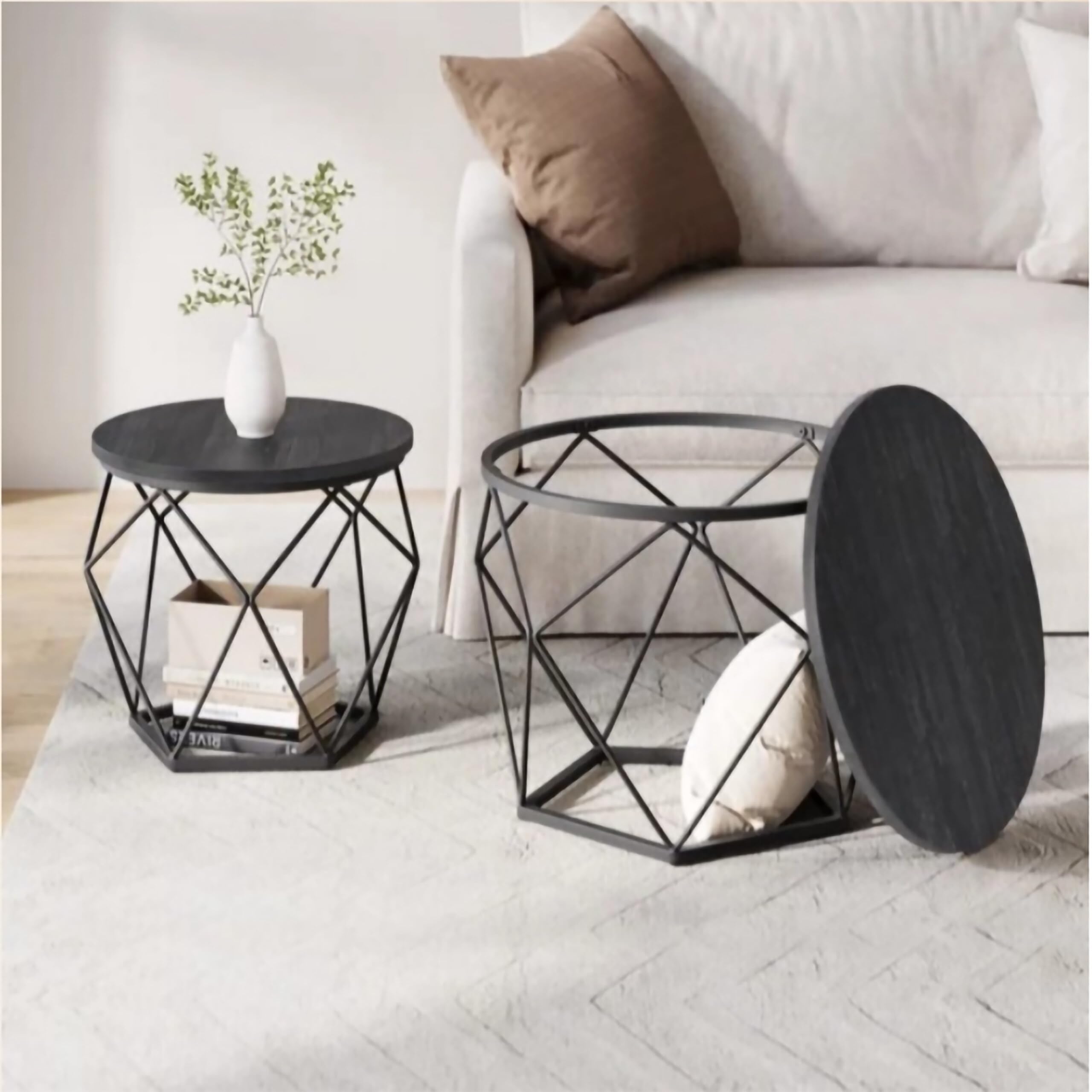 Relaxdays Set de 2 mesas auxiliares Redondas de Madera y Metal, Estilo Vintage, 50x40x40 cm, Negro