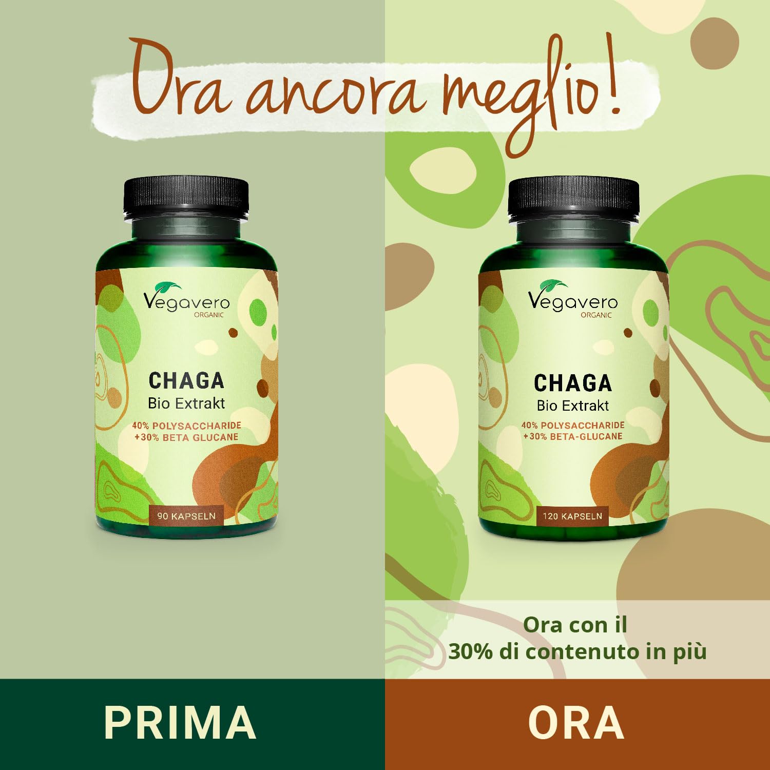 CHAGA BIO Vegavero® | 6000 mg (10:1) | Fungo Inonotus Obliquus | con 40% di Polisaccaridi e 30% di Beta Glucani | 120 capsule | Vegan
