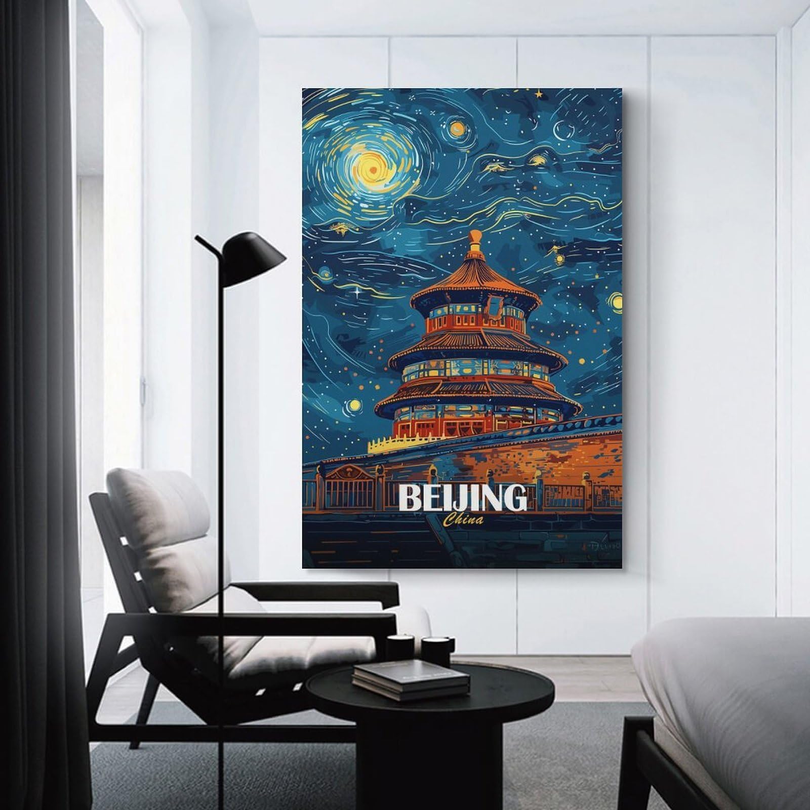 Junmoney Beijing China Night Sky Art Canvas Wall Decor, 20x30inch(50x75cm), for Bedroom, Guest Room Or Reading Nook, Canvas Wall Decor for Personal Spaces
