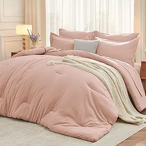 MUXHOMO 5 Pieces Twin Comforter Set, Soft Bed in a Bag Twin Size, All Season Bedding Set with Comforter, Flat Sheet, Fitted Sheet, Pillowcases & Shams, Rose Gold