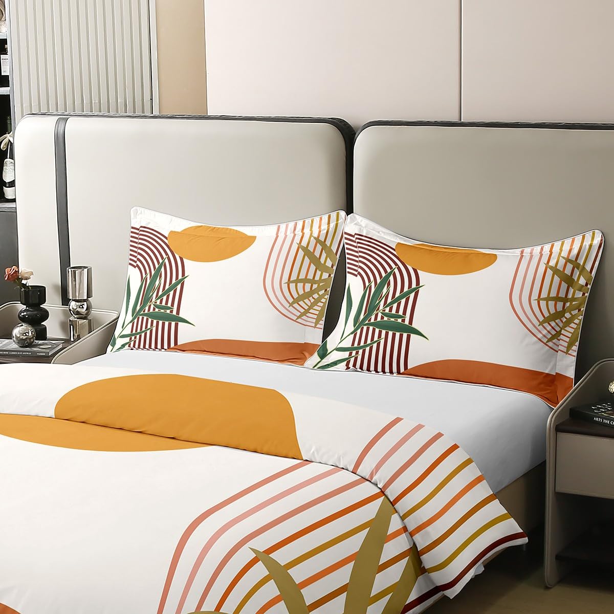 Homewish Geometryczne liście bawełniana poszewka na kołdrę pojedyncza dla dzieci chłopców dziewcząt, pomarańczowa poszewka na kołdrę, botaniczny minimalistyczny zestaw pościeli, abstrakcyjny