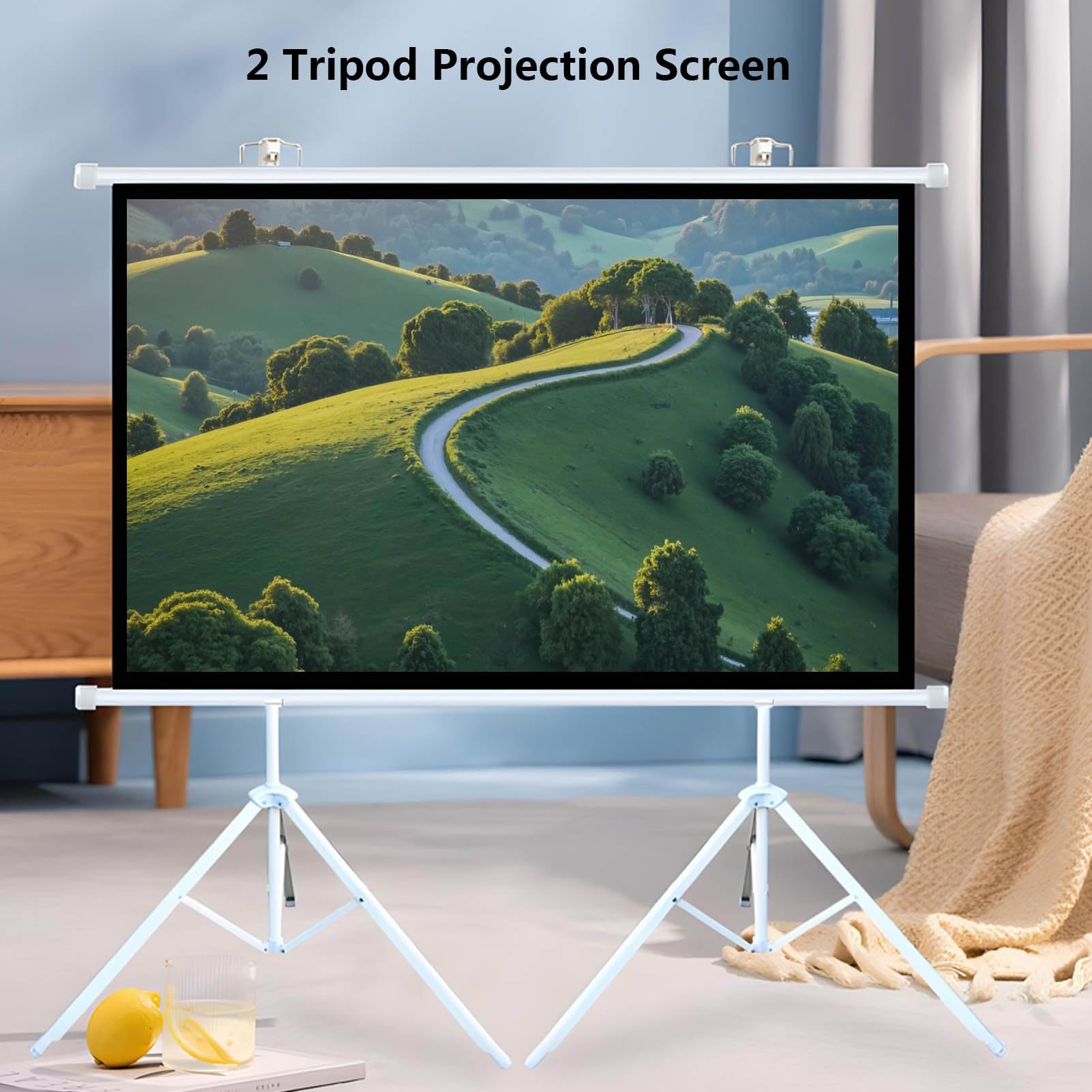 Ekran Projekcyjny na 2 Statywie, 60/72 Cale 16:9 4K HD, Ekran Projektora Filmowy z Powłoką Antyodblaskową do Salonu/Sypialni, Montaż na Ścianie lub na Statywie(60in)