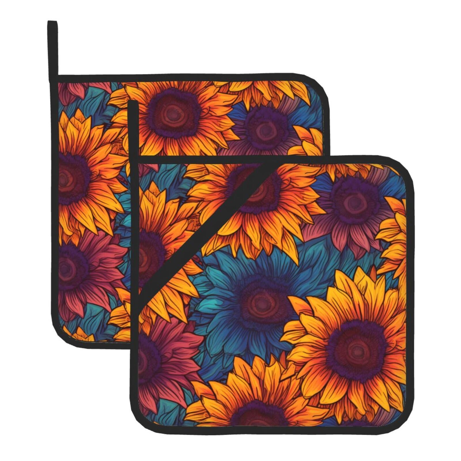 HJFCZH Colorful Sunflower Printed Square Insulated Pot Mat Set (2-Piece) 8x8in Waterproof, Thickened & Easy to Clean with Lanyard Design for Kitchen, Oven & BBQ