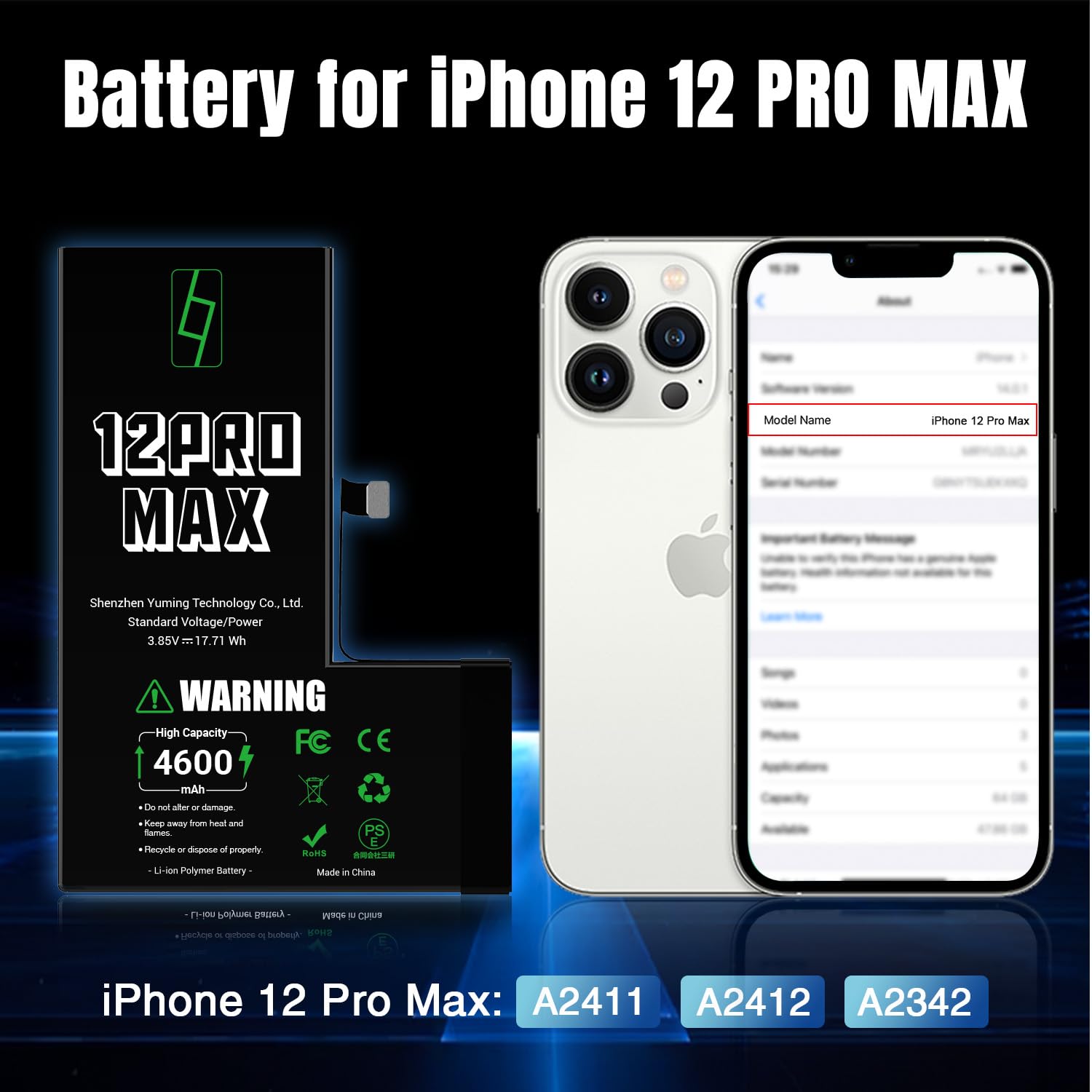 Batteria per iPhone 12 Pro Max, 4600mAh Alta Capacità, Compatibile con A2411 A2412 A2342, 0 Cicli, Kit di Riparazione Completo, Certificato CE/RoHS/FCC