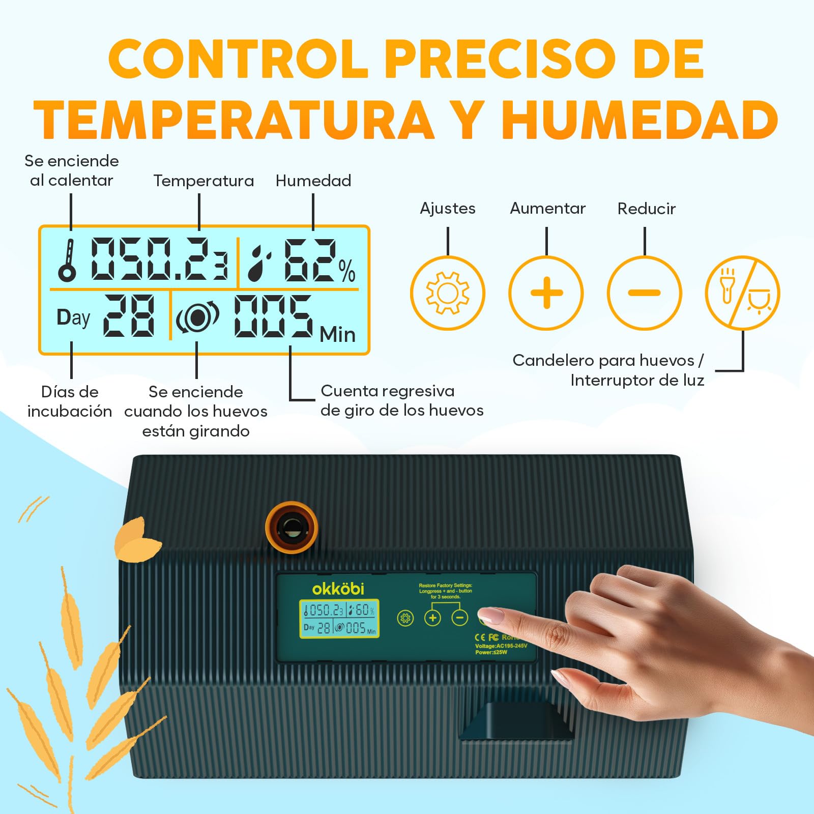 Okkobi M10 Incubadora Huevos Gallina - Ideal para todas las edades - Incubadoras de Huevos Automaticas - Volteo Automático y Control de Humedad - Verde y Amarillo