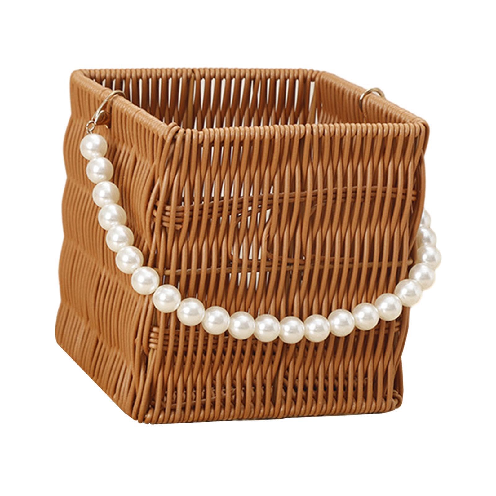 Twisaxc Girls Flower Basket For Wedding Imitation Rattan Basket With Pearl Handle For Easy Carrying Easy Carrying And Hanging Outdoors And Indoors Imitation 15X15x14.5cm