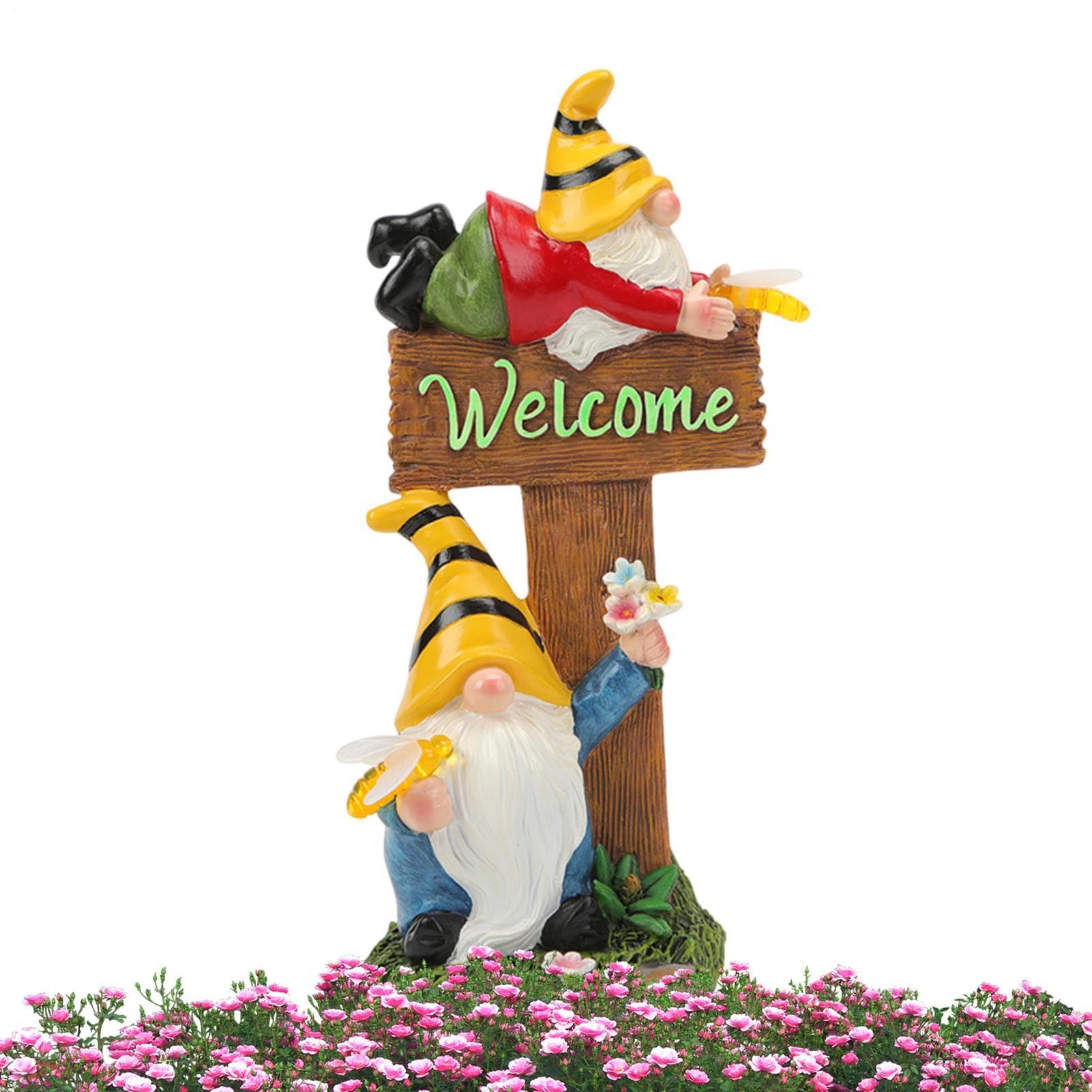 Decorazioni a forma di gnomi – 20 cm dipinto, finitura in pietra, contorno a cappello appuntito, struttura rustica invecchiata, statue illuminate notturne, base piatta autoportante per prato