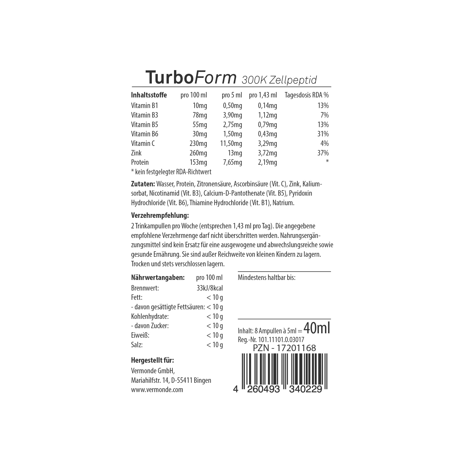TurboForm Trinkampullen – Natürlicher Energie-Boost für Leistung & Fokus – mit Zellpeptiden, Vitamin C & Zink – unterstützt Nebennieren & Regeneration – Vermonde CARE-Technologie – 8 × 5 ml