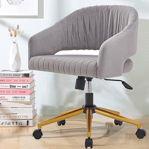 Miniatura 6 de Silla de oficina en casa, silla giratoria de terciopelo, moderna y bonita silla de escritorio con base dorada para niñas y mujeres, asiento de