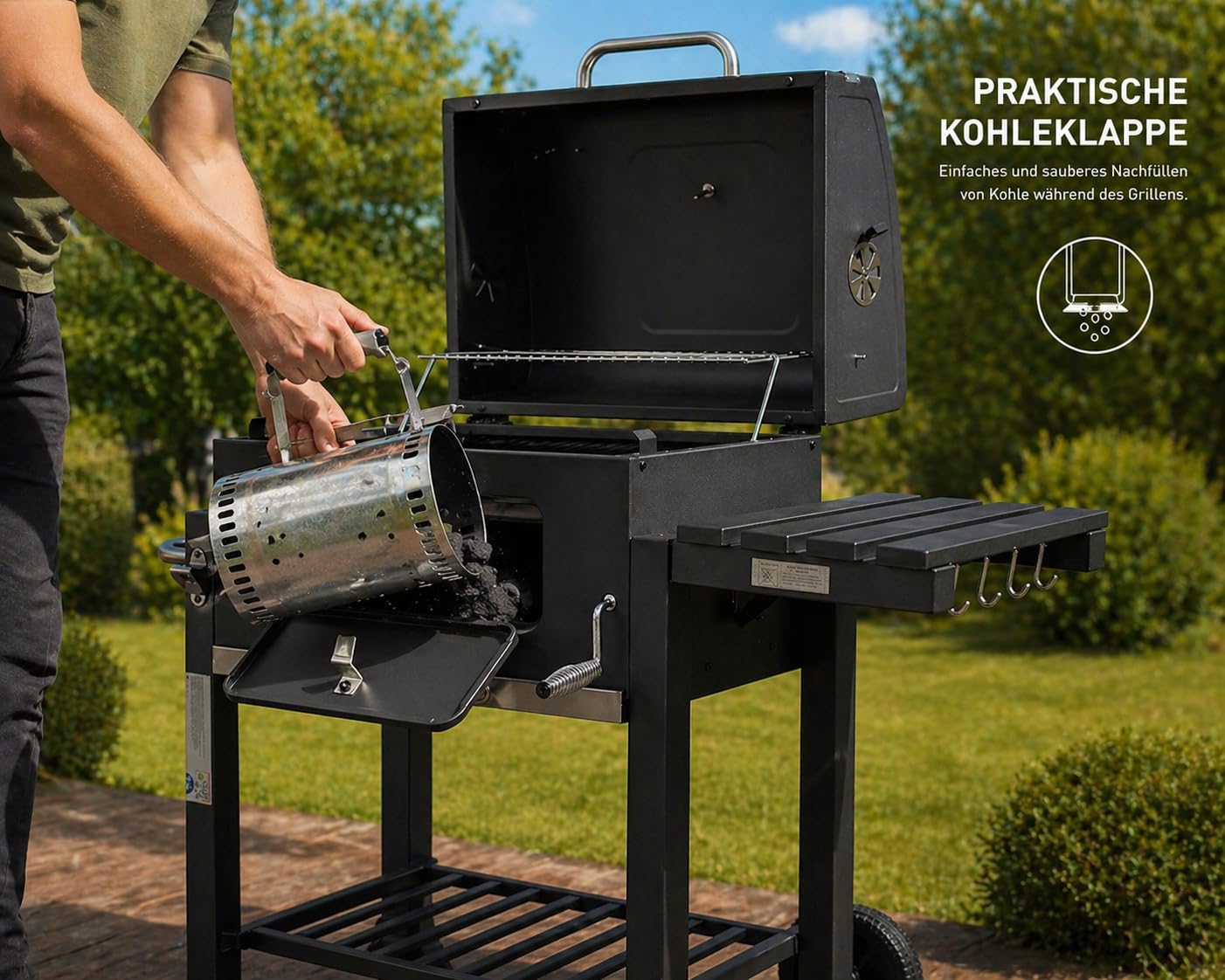 Holzkohlegrill XL BBQ Grillwagen Verstellbarer Standgrill mit Deckel Quadratischer Barbecue Gartengrill aus Eisen - Garten Camping Terrasse - Grillrost und Thermometer Holzkohle Grill