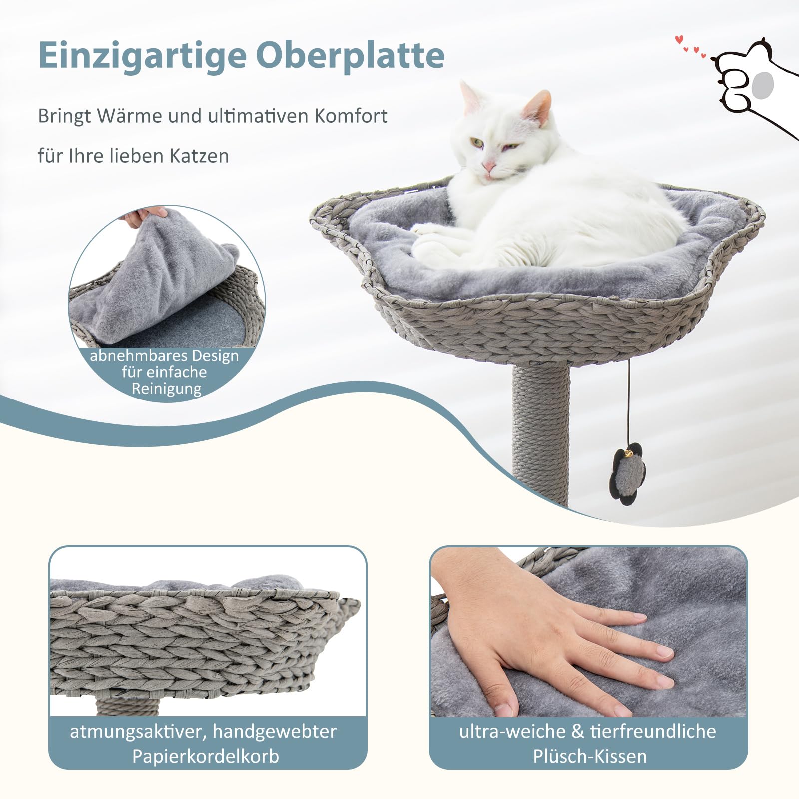 COSTWAY Drapak, wysokość 106 cm, drzewko dla kota z jaskinią dla kota i 2 powierzchnią do leżenia i 2 piłkami, drzewko do wspinaczki z zakrzywioną metalową ramą, drapak dla kota, drewniany drapak dla