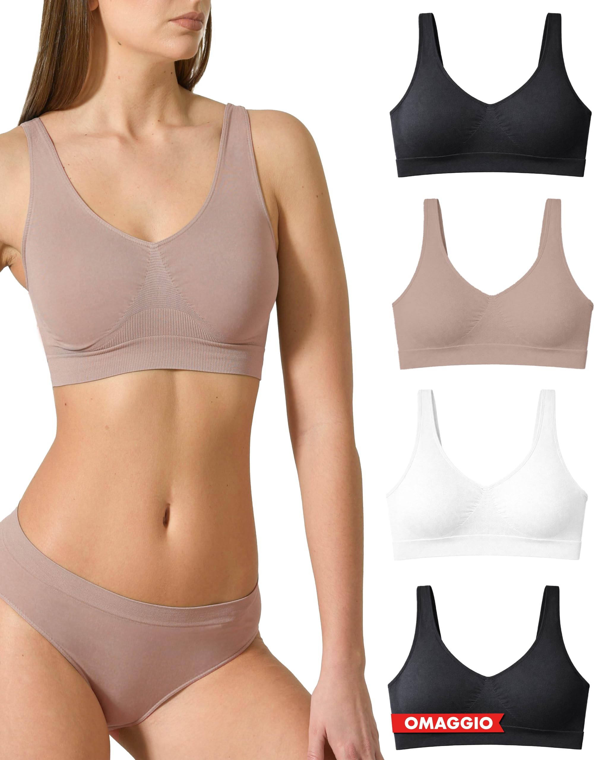 Risalti Reggiseno Senza Ferretto Spalla Larga 3 pz - Bralette Donna Senza Cuciture ed Etichette, Reggiseno Donna in Microfibra Elasticizzata, Brassiere, Top Morbido, Intimo - Made in Italy