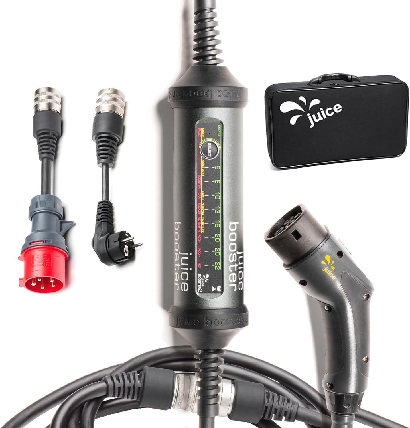 Juice Booster 2 Basic Set, Mobile Wallbox 22kW Sin Instalación, Cargador Coche Electrico con Cable Tipo 2, Ligero e Impermeable IP67, Incluye Adaptador CEE32 Rojo 3 Fases + EU Schuko