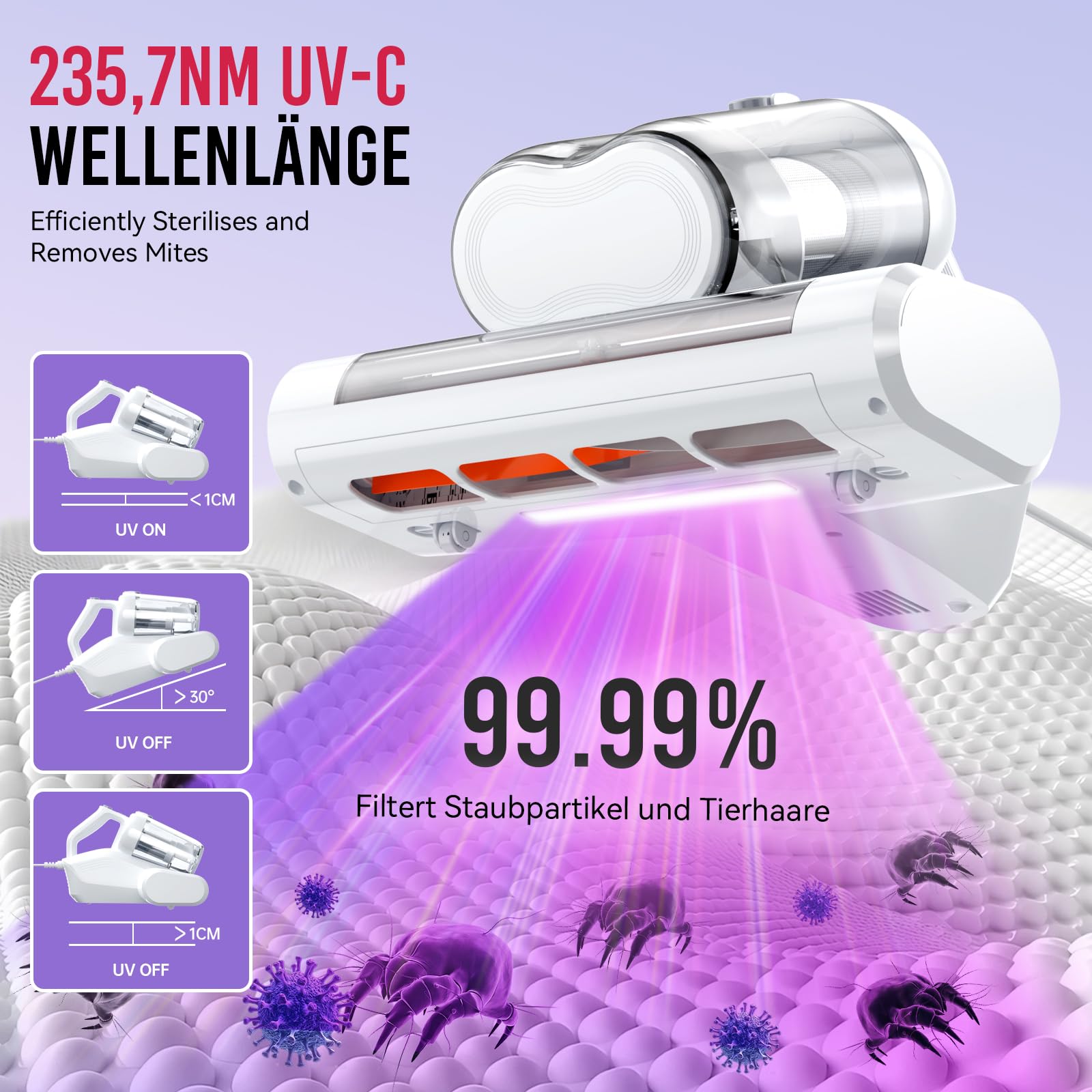 Milbensauger für Matratzen mit UV-Licht, 16KPa, HEPA-Filter, Heißluftfunktion, Staubmilben-Sensor, 600W Handstaubsauger (Weiß)