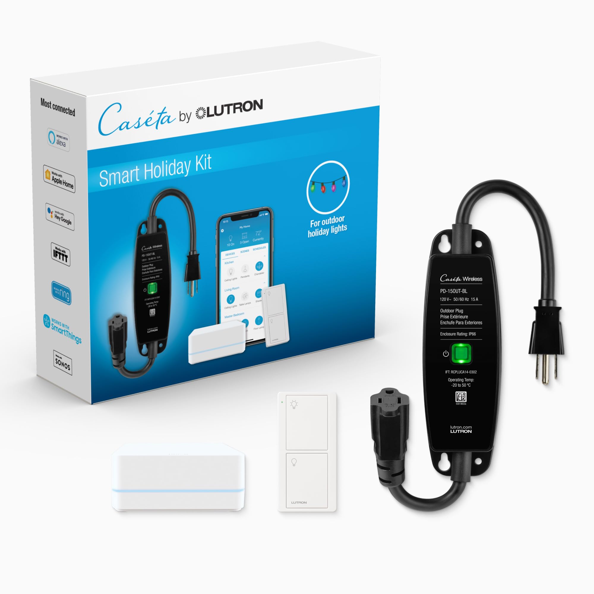Lutron Cas ta Outdoor Smart Plug On Off Switch Holiday Light Starter Kit with Smart Hub and Pico