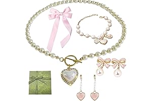 Pearl Coquette Jewelry Set 5PCS - Pearl Bow Earrings Pink Bows for...