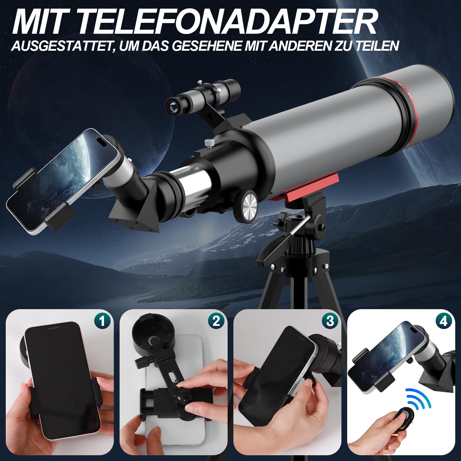 Aurosports Astronomisches Teleskop für Erwachsene - 90mm Öffnung 600mm Refraktor Teleskop Anfänger kompaktes und tragbares Reiseteleskop mit Rucksack