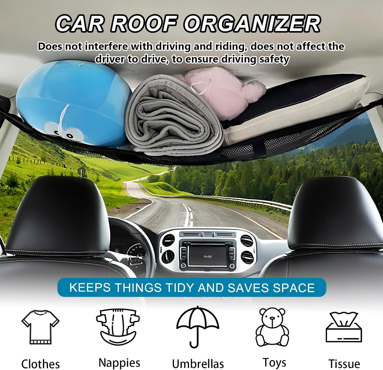 Car Ceiling Cargo Net Pocket,Double-Layer Roof Storage Net,Upgrade Truck Roof Rack Storage Netting,Overhead Ceiling Mesh Organizer,Universal Car Camping Mesh Organizer for Road Trip Essentials