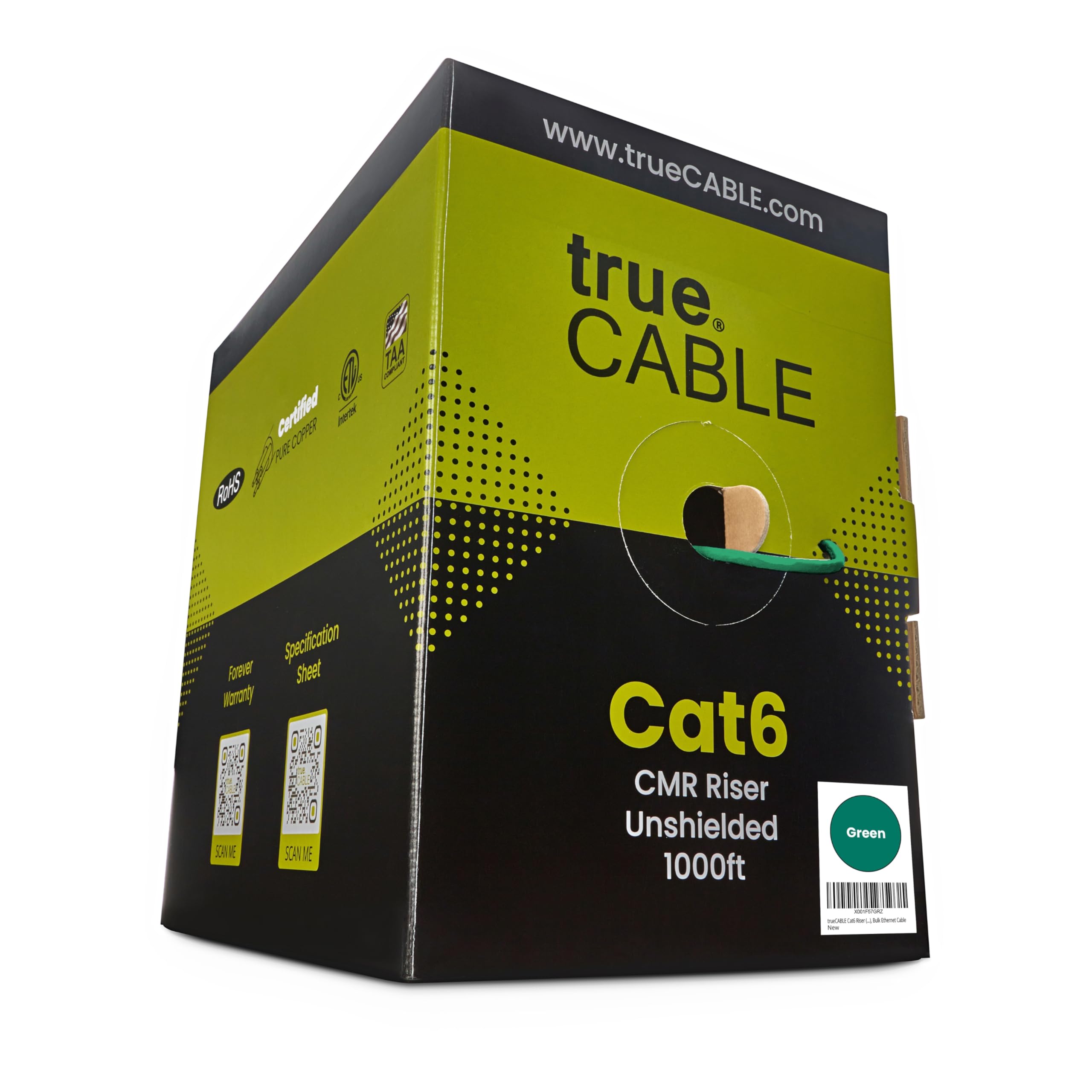 trueCABLE Cat6 Riser (CMR), 305 m, vert, 23 AWG 4 paires en cuivre nu massif, 550 MHz, PoE++ (4PPoE), certifié ETL, paire torsadée non blindée (UTP), câble Ethernet en vrac